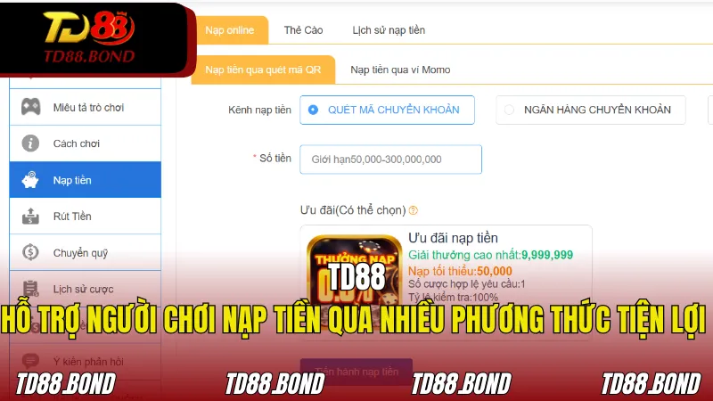 TD88 hỗ trợ người chơi nạp tiền qua nhiều phương thức tiện lợi